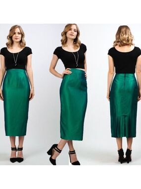 Steilmann Vintage Metallic Beetle Green pleated midi Pencil Skirt